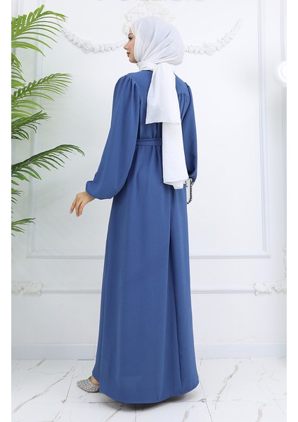 Krep Kumaş Kolu Lastikli Elbise 0029-02 Indigo indirimleri