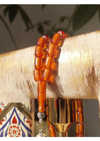 Ateş Kehribar Tesbih, 6 x 9, Kapsül Kesim, Metal Püskül