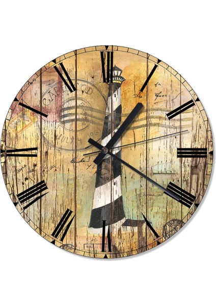 30 cm Deniz Feneri Desenli Yuvarlak Duvar Saati, Beyaz ve Siyah renk seçenekleri