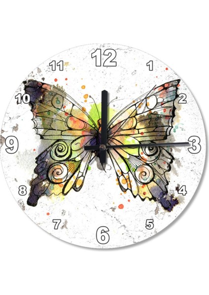 30 cm çapında şık yuvarlak kelebekli duvar saati, beyaz renkli ve dekoratif tasarım