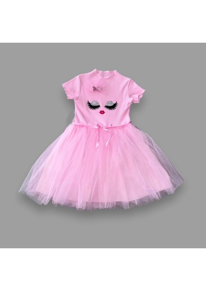 5-6-7 Yaş Payetli Süslü Yüz Baskılı Kız Çocuk Elbisesi