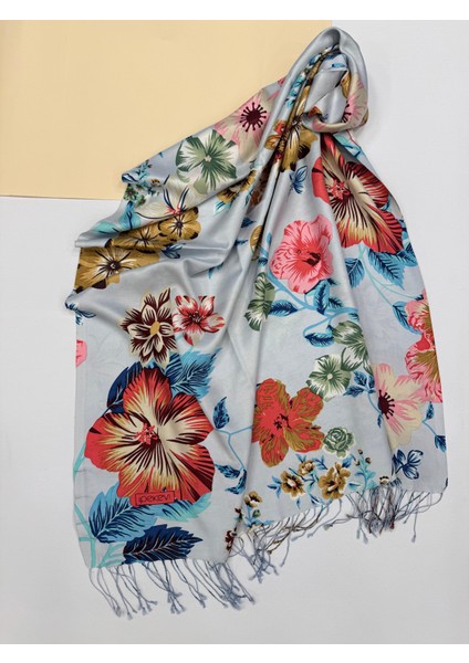 Floral Desenli Ipek Şal 6107-BEBE Mavisi