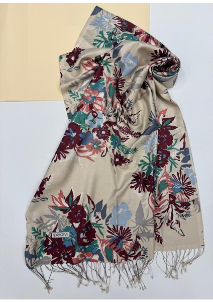 Desenli Floral Ipek Şal 6108-VIZON