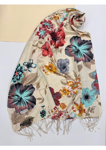 Floral Desenli Ipek Şal 6107-KREM