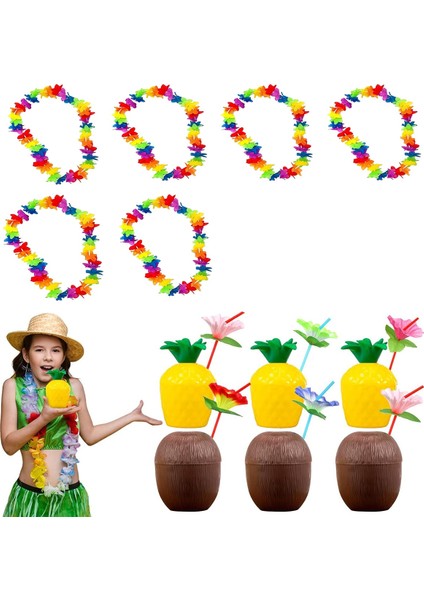 Tropikal Hawaii Parti Malzemeleri - Kolye, Pipet, Bardak Seti