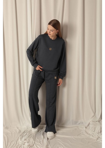 Modal Kumaş Metal Aksesuarlı Kadın Antrasit Takım modelleri