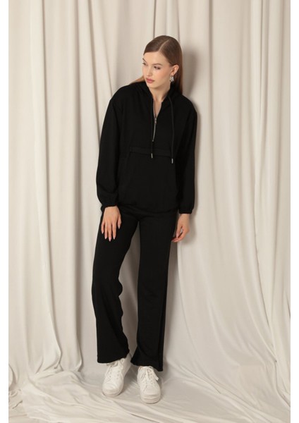 Modal Kumaş Fermuarlı Kadın Siyah Sweatli Takım