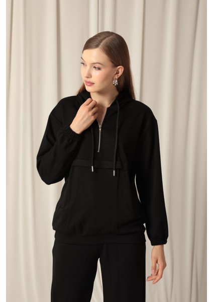 Modal Kumaş Fermuarlı Kadın Siyah Sweatli Takım fiyatları