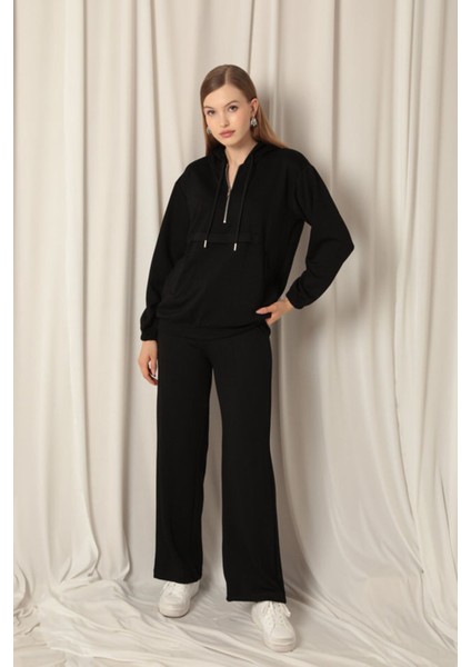 Modal Kumaş Fermuarlı Kadın Siyah Sweatli Takım modelleri