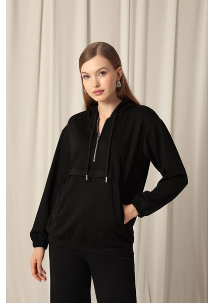 Modal Kumaş Fermuarlı Kadın Siyah Sweatli Takım fırsatları