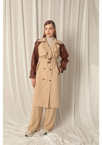 Dokuma Kumaş Deri Garnili Kadın Bej Trenckot