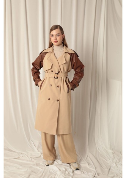 Dokuma Kumaş Deri Garnili Kadın Bej Trenckot fiyatları