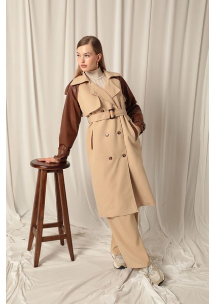 Dokuma Kumaş Deri Garnili Kadın Bej Trenckot modelleri