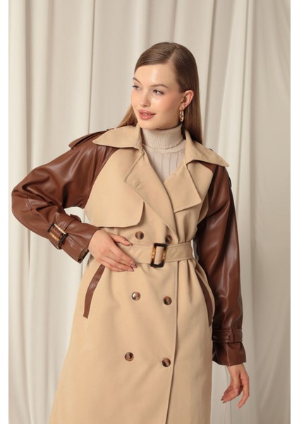 Dokuma Kumaş Deri Garnili Kadın Bej Trenckot fırsatları