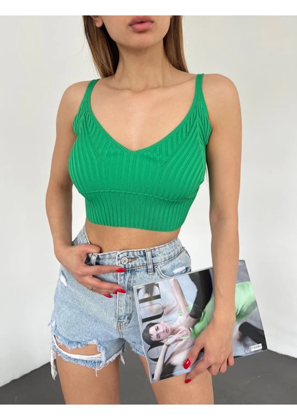 V Yaka Askılı Crop Triko Büstiyer Yeşil - DF2202