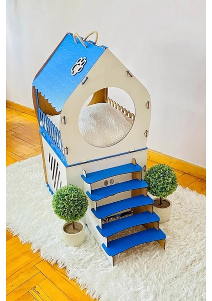 Teraslı Mavi Dublex Kedi Evi, Şık ve Konforlu Tasarım