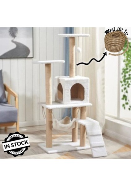 Beyaz B-07 Hamaklı Yuvalı Lüx Kedi Evi - Kedi Tırmalama Evi