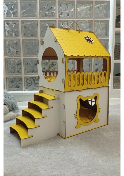 Dekoratif Kedi Evi Teraslı Dublex Sarı