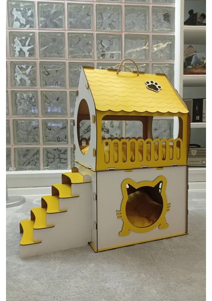 Dekoratif Kedi Evi Teraslı Dublex Sarı