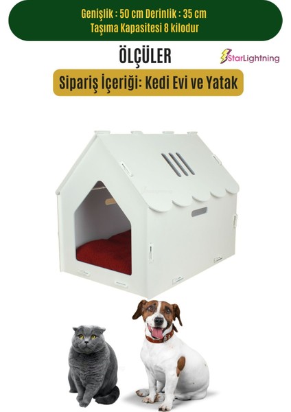 Beyaz ahşap büyük kedise yatak 50x35 cm, parlak boyalı, çatılı ve çizgili model fiyatları