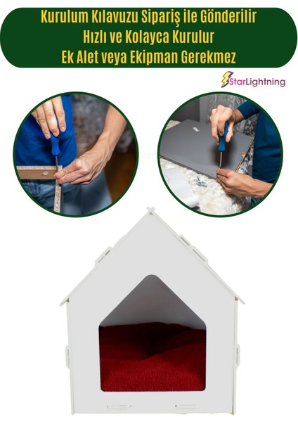Beyaz ahşap büyük kedise yatak 50x35 cm, parlak boyalı, çatılı ve çizgili model modelleri