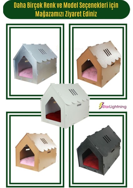 Beyaz ahşap büyük kedise yatak 50x35 cm, parlak boyalı, çatılı ve çizgili model fırsatları