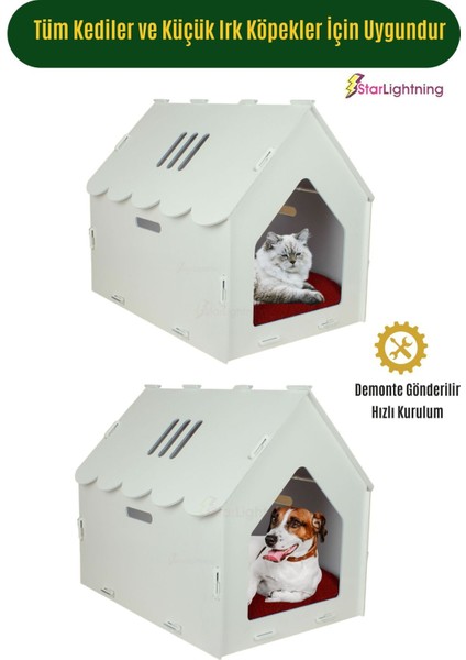 Beyaz ahşap büyük kedise yatak 50x35 cm, parlak boyalı, çatılı ve çizgili model indirimleri