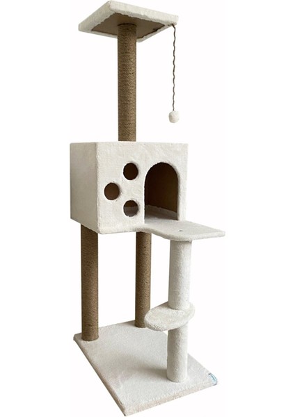 Beyaz kedi tırmalama ve oyun evi, 124 cm, eğlenceli ve rahat alan