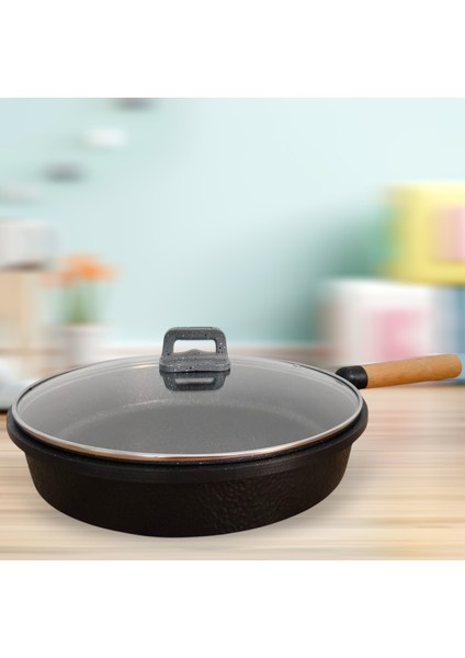 Granit Döküm 32 cm Kızartma Tavası Cam Kapaklı