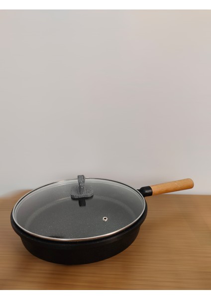 Granit Döküm 32 cm Kızartma Tavası Cam Kapaklı
