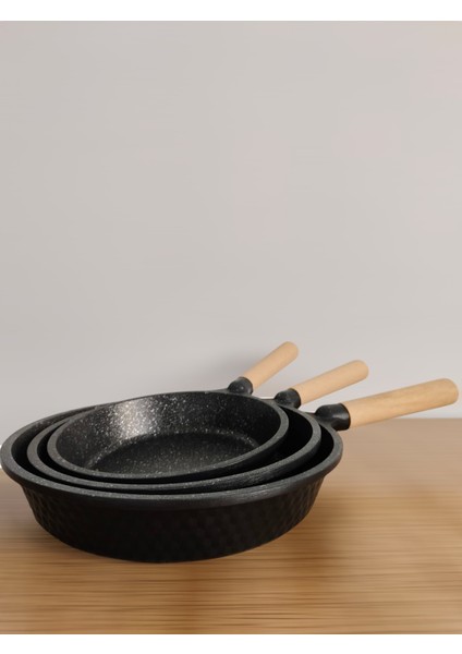 Maas Collection Granit Döküm ahşap kulp kızartma tavası 3 Lü Tava 20 cm - 24 cm - 28 cm