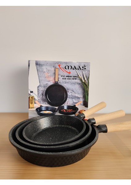 Maas Collection Granit Döküm ahşap kulp kızartma tavası 3 Lü Tava 20 cm - 24 cm - 28 cm
