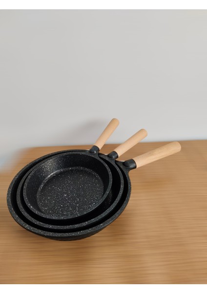 Maas Collection Granit Döküm ahşap kulp kızartma tavası 3 Lü Tava 20 cm - 24 cm - 28 cm