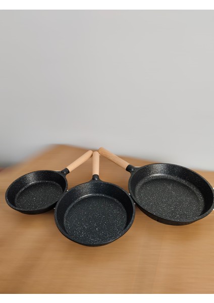 Maas Collection Granit Döküm ahşap kulp kızartma tavası 3 Lü Tava 20 cm - 24 cm - 28 cm