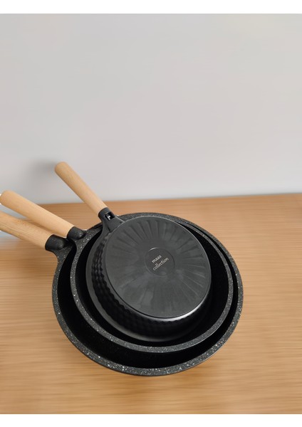 Maas Collection Granit Döküm ahşap kulp kızartma tavası 3 Lü Tava 20 cm - 24 cm - 28 cm