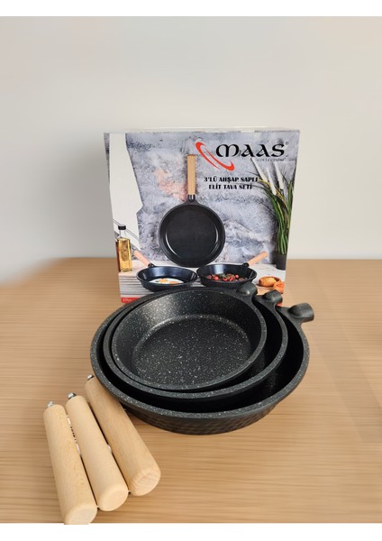 Maas Collection Granit Döküm ahşap kulp kızartma tavası 3 Lü Tava 20 cm - 24 cm - 28 cm