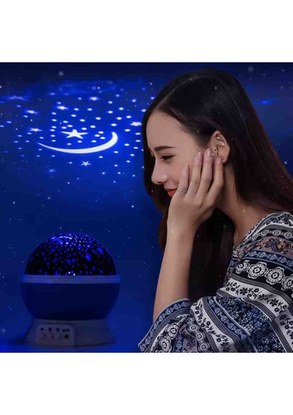 Süper Star Projeksiyon Galaksi Lamba USB Kablolu, LED Işıklı, Pilli Dönen Renkli Nebula ve Ay Yıldız Efektli Gece Lambası, Vıp Dekoratif Projektör