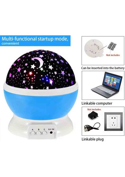 Süper Star Projeksiyon Galaksi Lamba USB Kablolu, LED Işıklı, Pilli Dönen Renkli Nebula ve Ay Yıldız Efektli Gece Lambası, Vıp Dekoratif Projektör