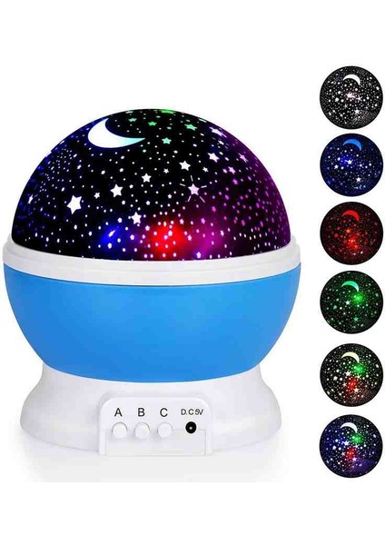 Süper Star Projeksiyon Galaksi Lamba USB Kablolu, LED Işıklı, Pilli Dönen Renkli Nebula ve Ay Yıldız Efektli Gece Lambası, Vıp Dekoratif Projektör