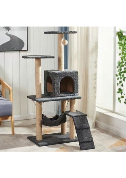 Antrasit B-07 Hamaklı Yuvalı Lüx Kedi Evi - Kedi Tırmalama Evi