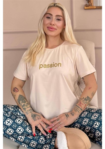 Bej Passion Desenli Kısa Kollu Örme Kadın Pijama Takımı