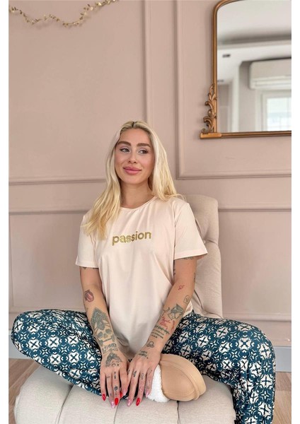 Bej Passion Desenli Kısa Kollu Örme Kadın Pijama Takımı