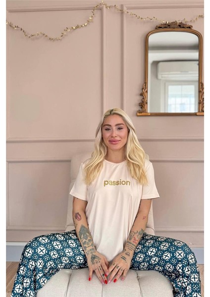 Bej Passion Desenli Kısa Kollu Örme Kadın Pijama Takımı