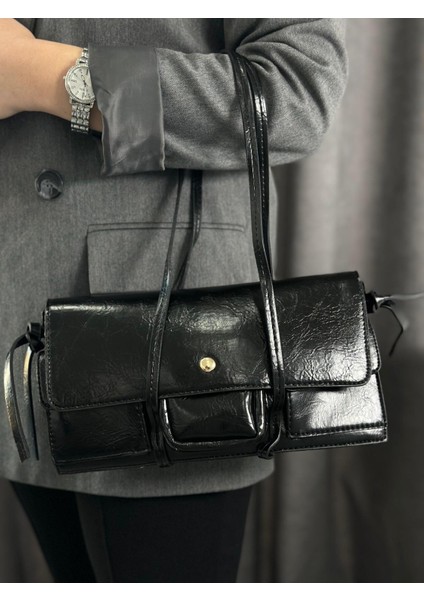 Vintage Model Cepli Deri Kadın Baget Çanta Siyah fırsatları