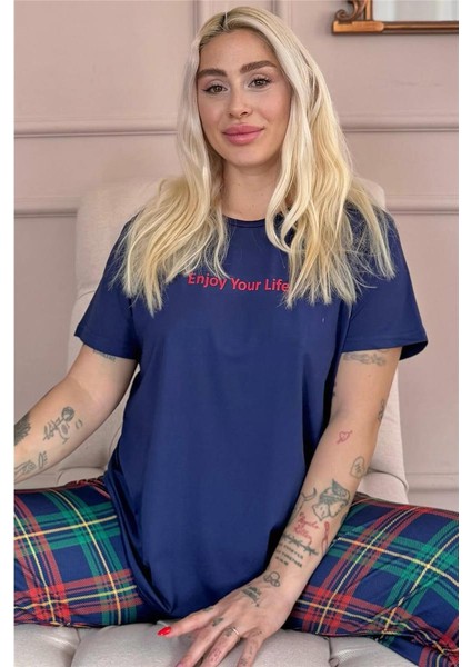 Navy Enjoy Desenli Kısa Kollu Kadın Pijama Takımı