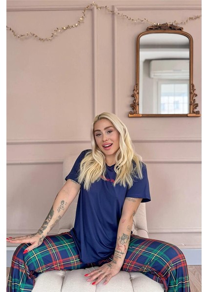 Navy Enjoy Desenli Kısa Kollu Kadın Pijama Takımı