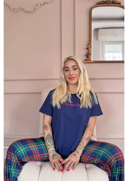 Navy Enjoy Desenli Kısa Kollu Kadın Pijama Takımı
