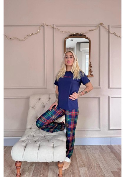 Navy Enjoy Desenli Kısa Kollu Kadın Pijama Takımı