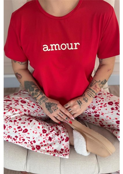 Kırmızı Amour Desenli Kısa Kollu Kadın Pijama Takımı indirimleri