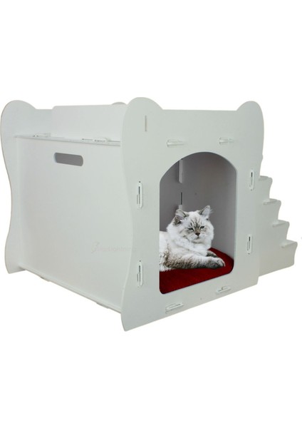 Beyaz Ahşap Kedi Yatağı 50x35 cm, Parlak Boyalı Merdivenli Tasarım